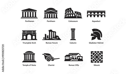 Ancient roman and greek architecture icons: parthenon, pantheon, colosseum, aqueduct, forum