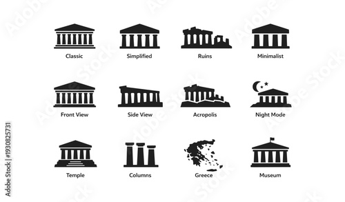 Ancient greek architecture icons: classic, acropolis, columns, night mode