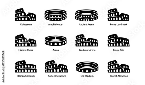 Colosseum icon set: ancient roman structures and landmarks