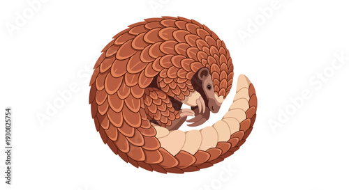 A Cute Illustration of a Scaly Pangolin Curled into a Protective Ball on a White Background