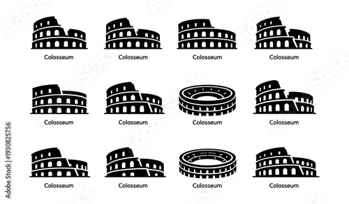 Colosseum icon collection: twelve distinct silhouettes of the roman amphitheater