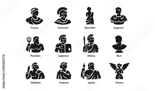 Silhouette icons of ancient roman and greek figures: caesar, centurion, aphrodite, poseidon