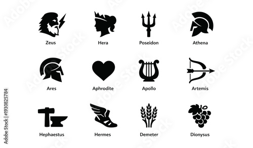 Greek gods and goddesses silhouettes: zeus hera poseidon athena ares