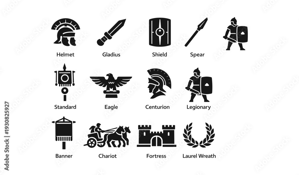 Fototapeta premium Ancient roman military symbols: helmet, gladius, shield, spear, eagle, centurion