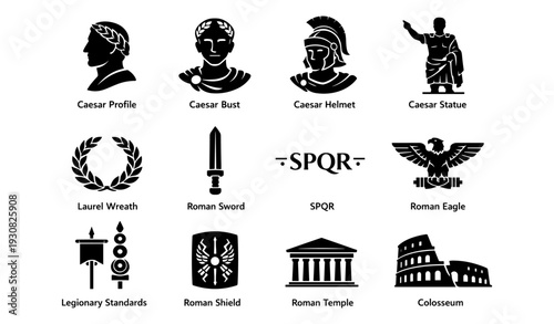 Roman iconography: caesar profiles, spqr symbols, colosseum, roman sword, laurel wreath