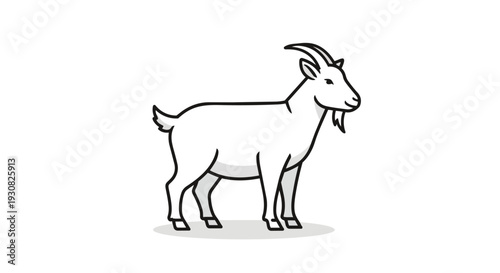 A simple cartoon illustration of a white goat with black outline and light gray shading standing on a white background