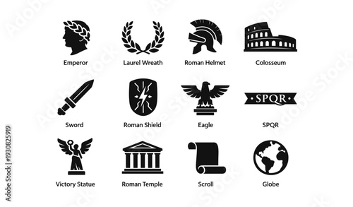 Ancient roman symbols and icons set: emperor, laurel, helmet, colosseum, sword, shield, eagle, spqr