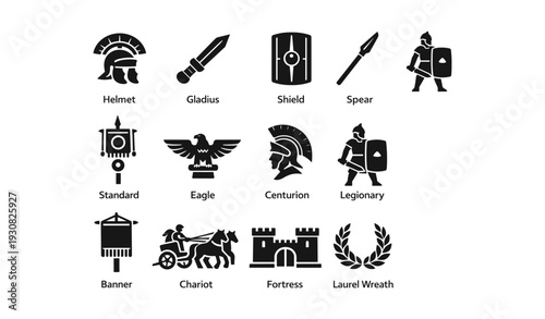 Ancient roman military symbols: helmet, gladius, shield, spear, eagle, centurion