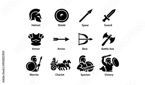Ancient warfare icons: helmet, shield, spear, sword, armor, arrow, bow, battle axe, warrior