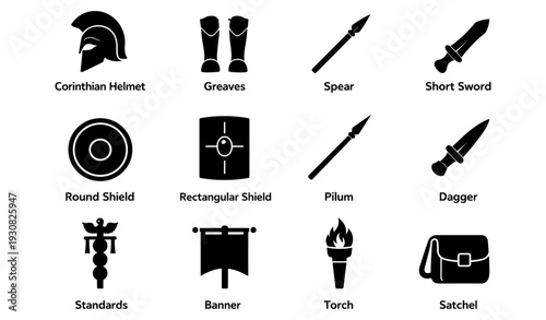Ancient roman and greek weapons icons: helmet, sword, spear, shield, torch