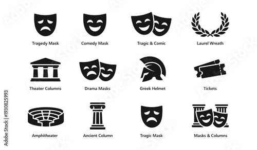 Theater icon set: masks, columns, laurel wreath, helmets, tickets