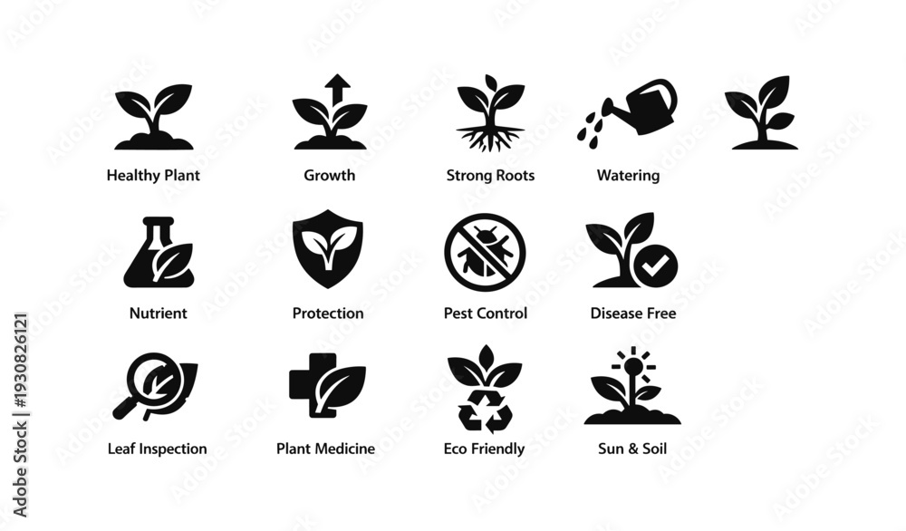 Obraz premium Icon set of plant growth and care: watering, pest control, sun, soil