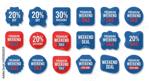Set of 18 Vector Sale Tags and Discount Labels in Red and Blue, Featuring '20% Off', '30% Discount', 'Premium Weekend Sale', and 'Weekend Deal' for E-commerce Promotions and Marketing Campaigns