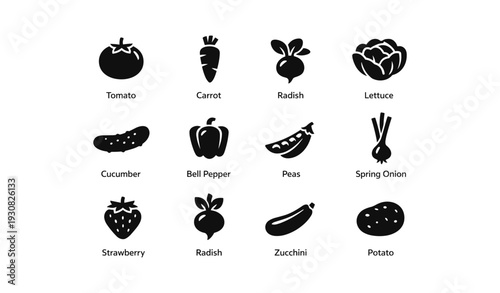 Set of black vegetable icons featuring tomato, carrot, radish, and more