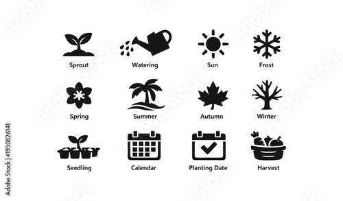 Seasonal gardening icons: sprout, watering, sun, frost, and seasonal activities
