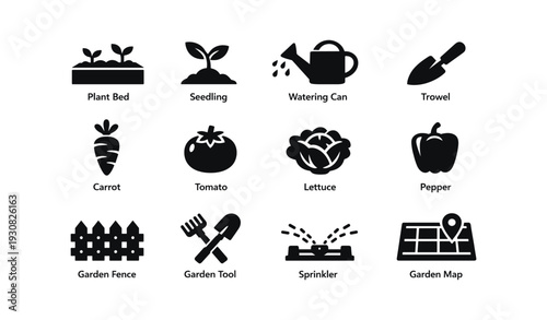 Garden tools and vegetables icons: seedling, watering can, trowel, tomato, lettuce