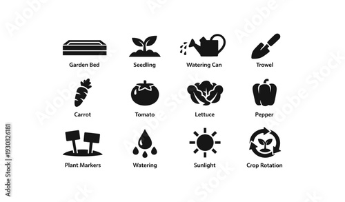 Garden tools and vegetables icon set: garden bed, seedling, watering can, trowel, carrot, tomato, lettuce, pepper