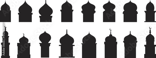 Islamic mosque dome and minaret silhouette set with traditional Arabic architecture elements collection flat vector illustration