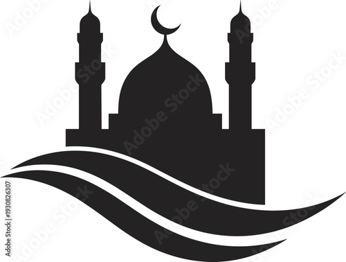 Islamic mosque silhouette with crescent moon and wavy water representing faith and purity in a minimalist