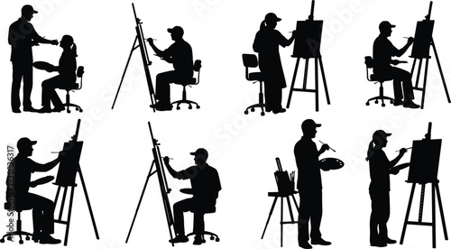 Artist painter silhouette collection, men and women painting on easel, creative studio activities, black vector icons set, isolated on white background