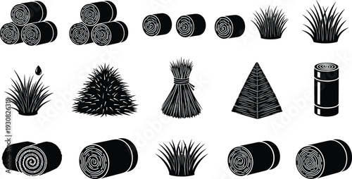 Agricultural straw and grass silhouettes collection, hay bales and bundles, farming materials icons, rural harvest elements, black vector illustration