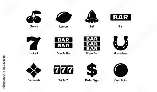 Classic slot machine symbols: cherry, lemon, bell, bar, lucky 7, horseshoe, diamonds, triple 7, dollar sign, gold coin