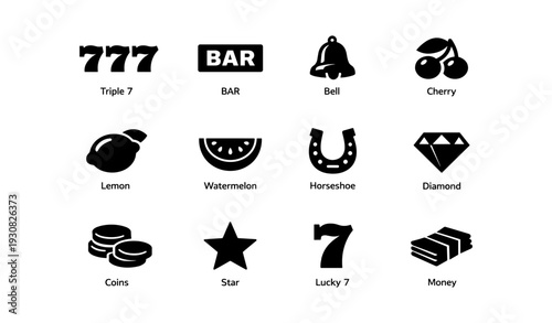 Classic slot machine symbols: triple 7, bell, horseshoe, cherry, star, coin, watermelon, diamond, lemon