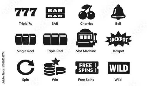 Slot machine icons: jackpot, reels, and cherries symbols in black and white