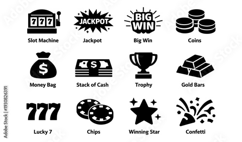 Casino icons: slot machine, jackpot, big win, money bag, gold bars, lucky 7