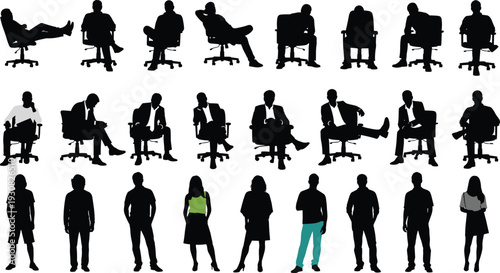 Business people silhouettes collection, men and women sitting on office chairs and standing poses, corporate leadership and work lifestyle, black vector illustration