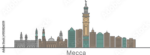 Stylized skyline of Mecca featuring prominent buildings and landmarks with a clean line Saudi Arabia
