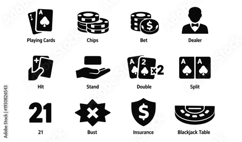Essential blackjack icons: cards, chips, dealer, and gameplay actions