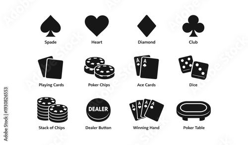Poker icons: spade, heart, diamond, club, chips, cards, dice, dealer button