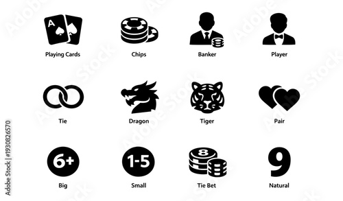 Casino symbols: playing cards, chips, dragon, tiger, tie bet, natural