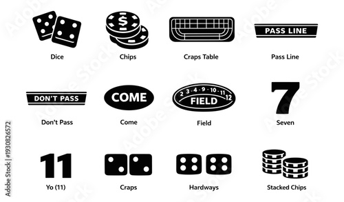 Icon set of casino craps elements: dice, chips, pass line, craps table, numbers