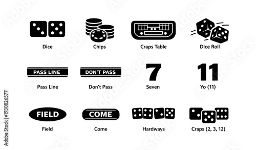 Craps game symbols: dice, chips, table, pass line, seven, hardways, craps numbers