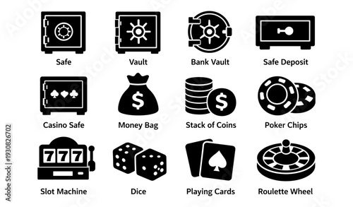 Icons of casino and bank vaults: safe, money bag, coins, poker chips, slot machine