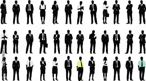 Business people silhouettes collection, professional men and women in formal suits, corporate staff and executives standing poses, black vector illustration