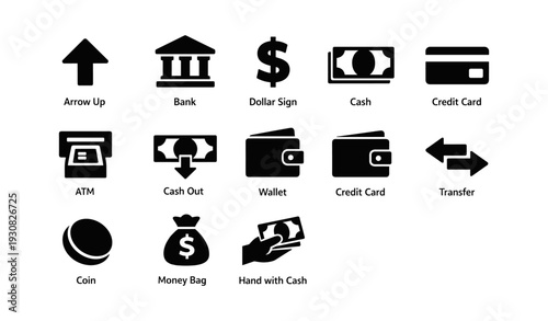 Financial icons: arrow, bank, dollar, cash, credit card, atm, wallet, transfer, coin, money bag