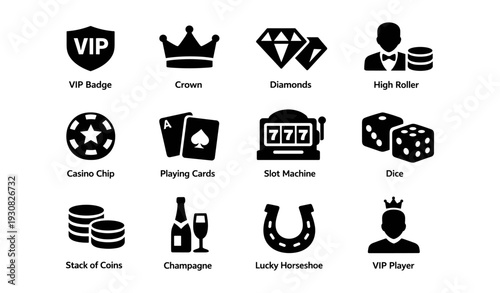 Casino icons: vip, crown, diamonds, slot machine, dice, cards, coins, champagne, horseshoe