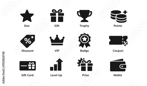 Icons set featuring star gift trophy points discount vip badge coupon