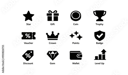Set of reward icons: star, gift, coin, trophy, and more