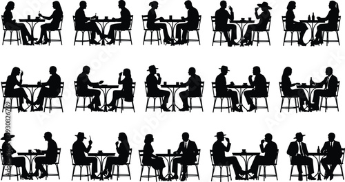 Cafe people silhouettes, men and women sitting at tables, social conversations and business meetings, coffee shop lifestyle scenes, black vector illustration