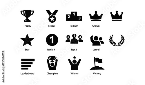Black and white achievement icons with trophy, medal, and podium symbols