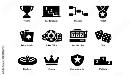 Black and white icons of trophy, leaderboard, bracket, medal, poker, slot, dice, casino games