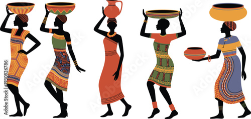 African women silhouettes carrying pottery, traditional tribal clothing figures set, colorful ethnic culture vector illustration isolated on white