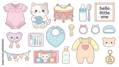 Cute baby stickers collection with toys, clothes, and accessories for nursery decoration and baby shower gift ideas.