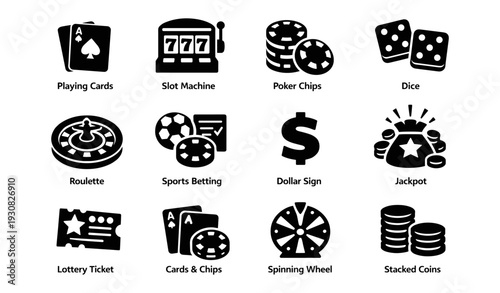 Casino symbols: playing cards, slot machine, poker chips, dice, roulette, sports betting, dollar sign, jackpot