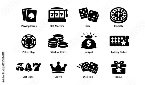 Casino games icons: cards, slot machines, dice, roulette, chips, coins, jackpot, lottery, bonus
