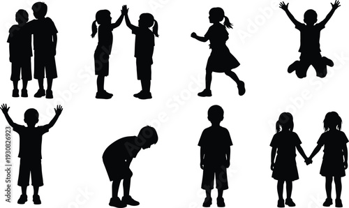 Children playing silhouettes, kids activity poses collection, happy childhood moments, black vector illustration of playful boys and girls